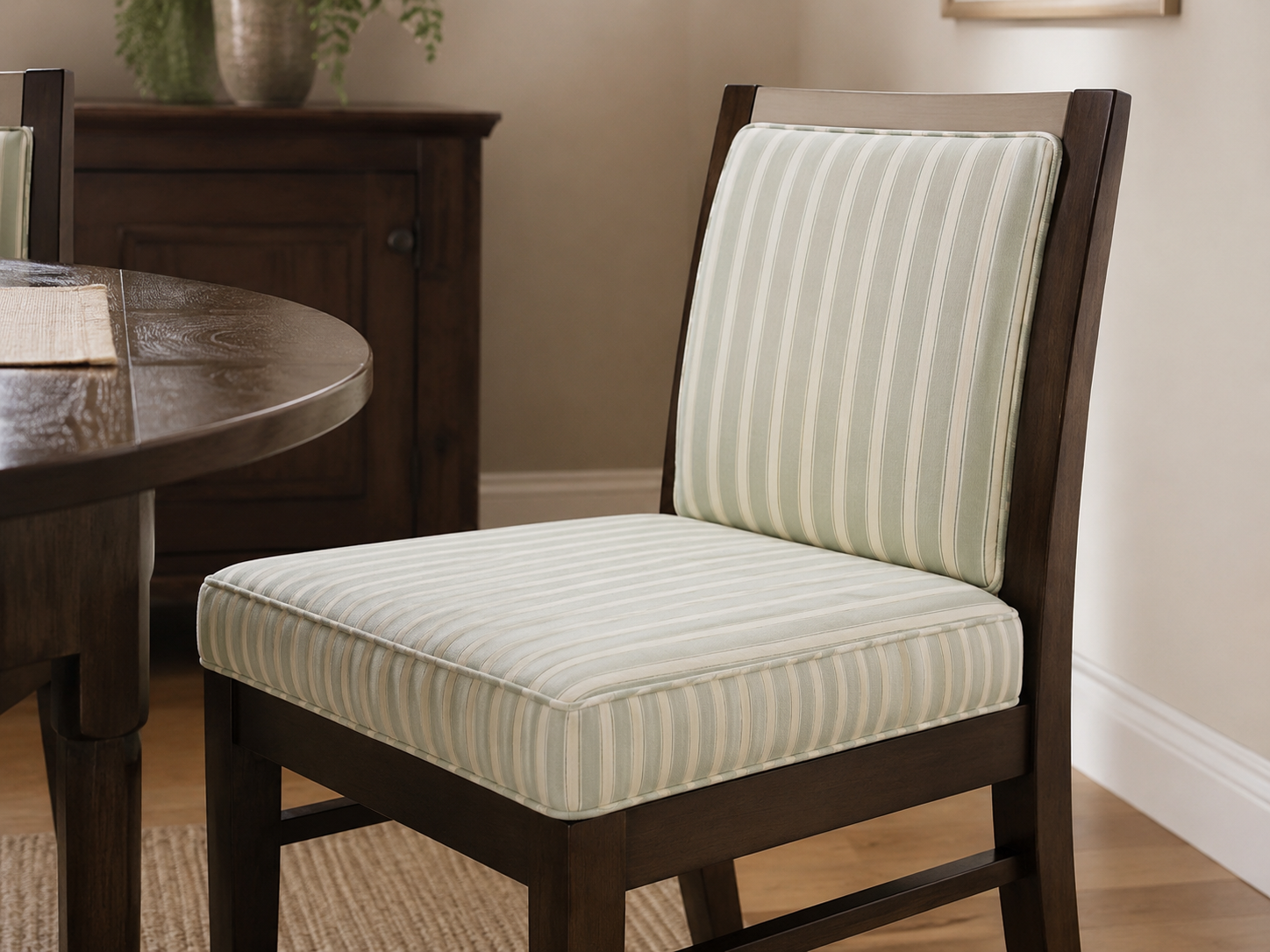 Striped custom dining chair seat cushion