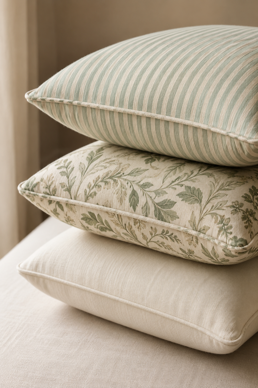 Stacked made-to-fit cushions in complementary fabrics