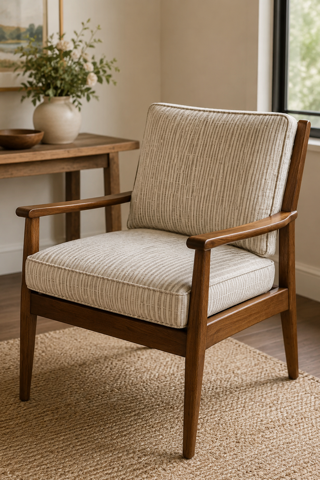 Mid-century wooden armchair with geometric upholstered cushions