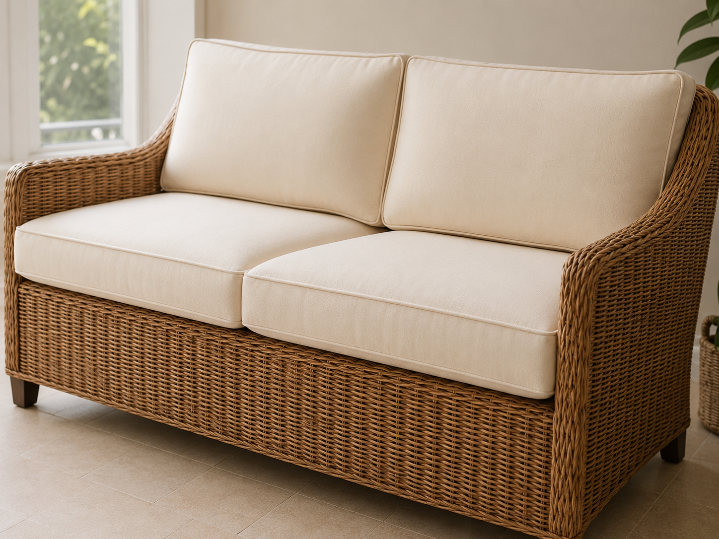 Wicker sofa with two fitted cream seat cushions